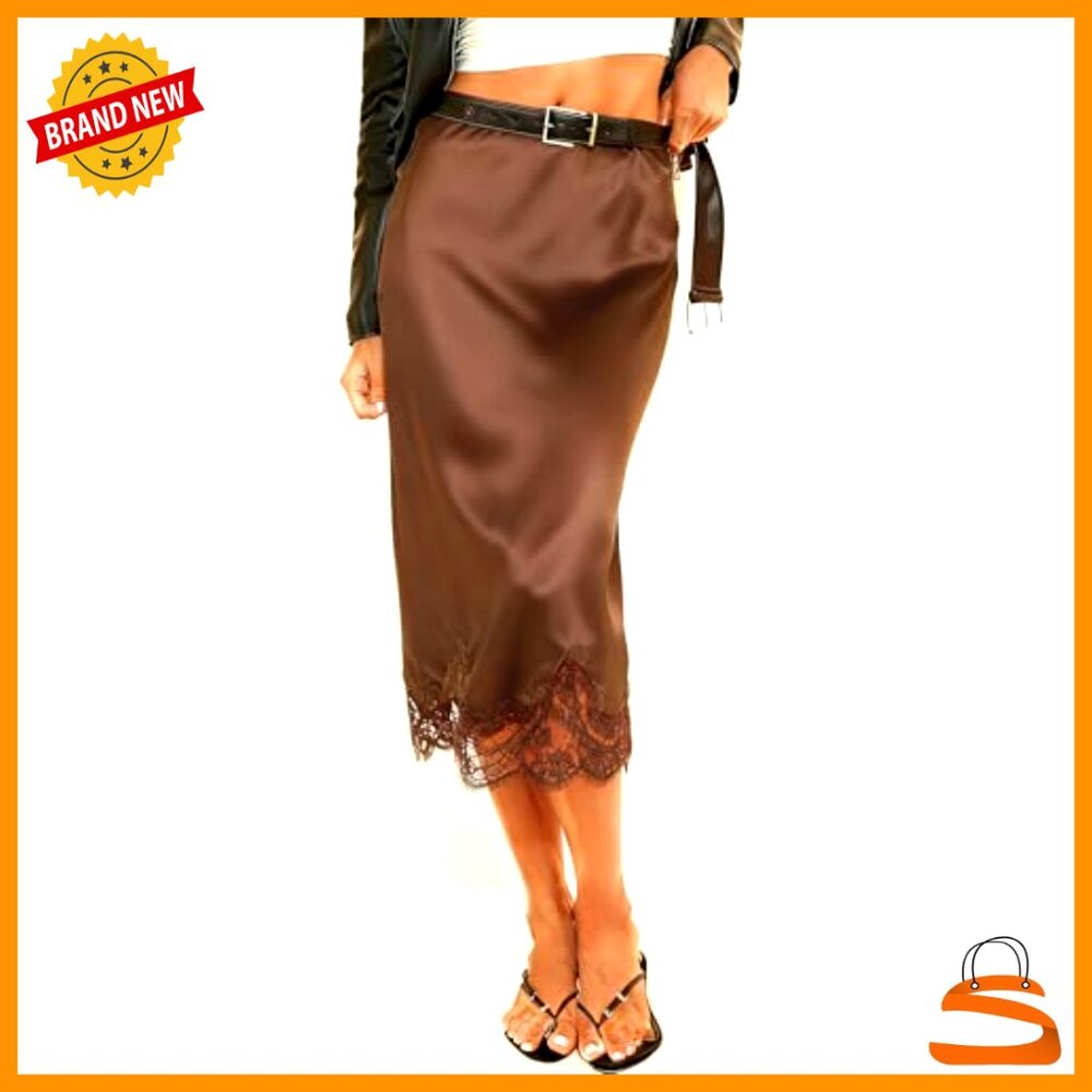 Satin Lace Trim Midi Skirt Flowy A-Line Elastic Waist Y2K Elegant - Picture 3 of 3